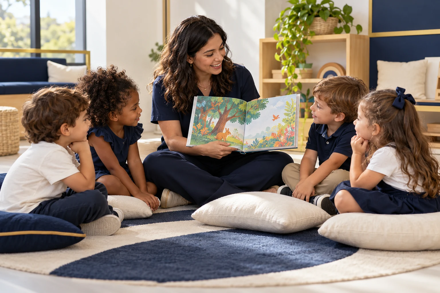 Educadoras com crianças em uma atividade de leitura